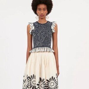 NWOT ULLA JOHNSON Emmeline Ruffled Crewneck Jacquard Knit Top in Ink P $390